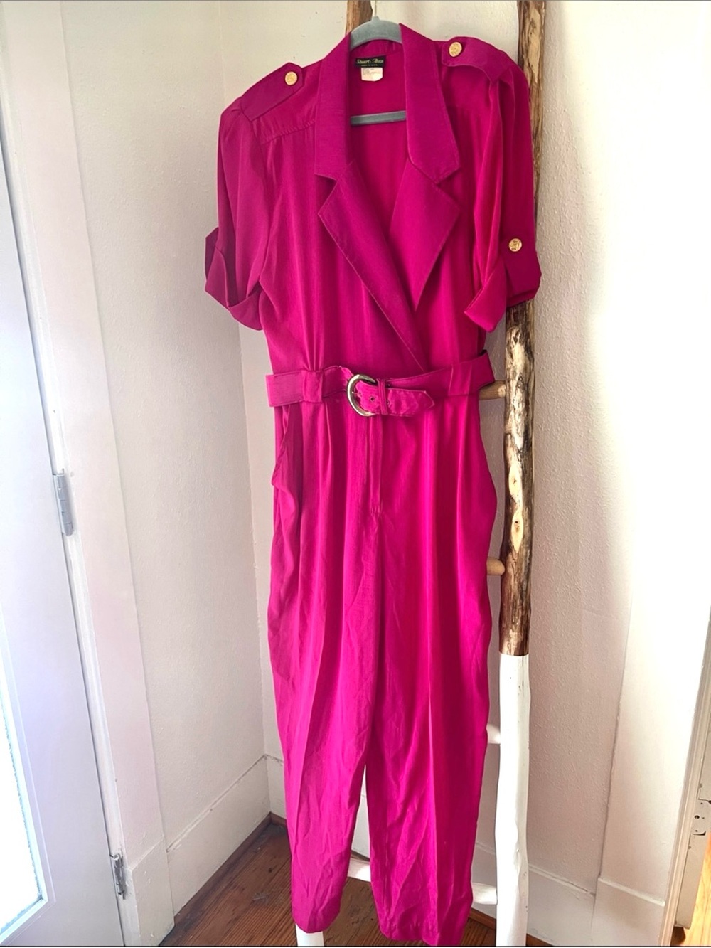 Vintage 80s Belted Hot Pink Barbicore Fuchsia Short-Sleeve Jumpsuit Large